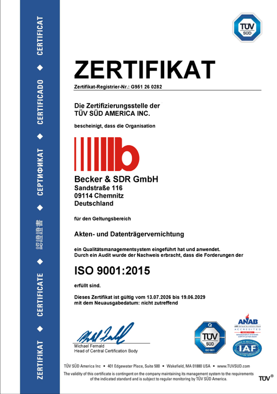 Becker & SDR Zertifikat: Qualitätsmanagement gemäß DIN EN ISO 9001