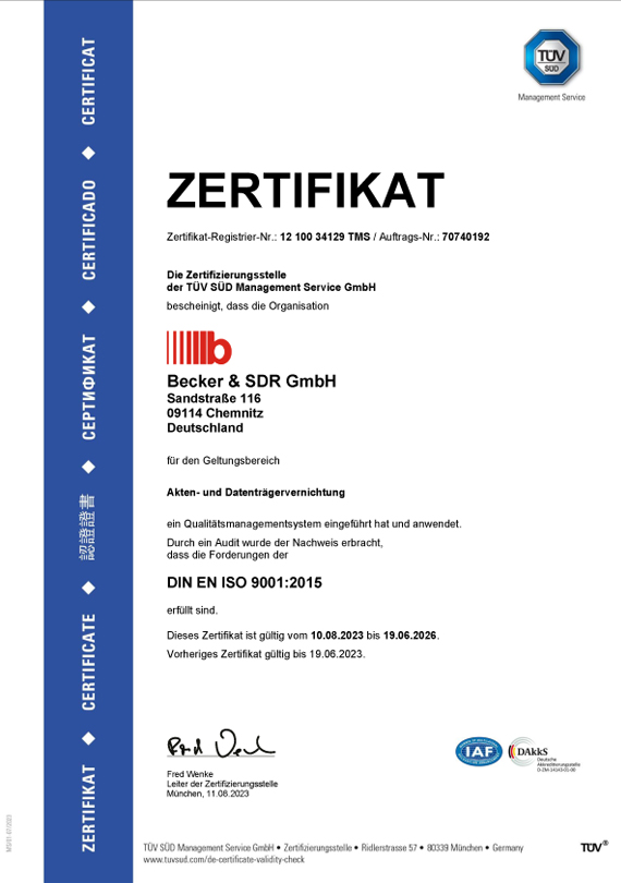 Becker & SDR Zertifikat: Qualitätsmanagement gemäß DIN EN ISO 9001