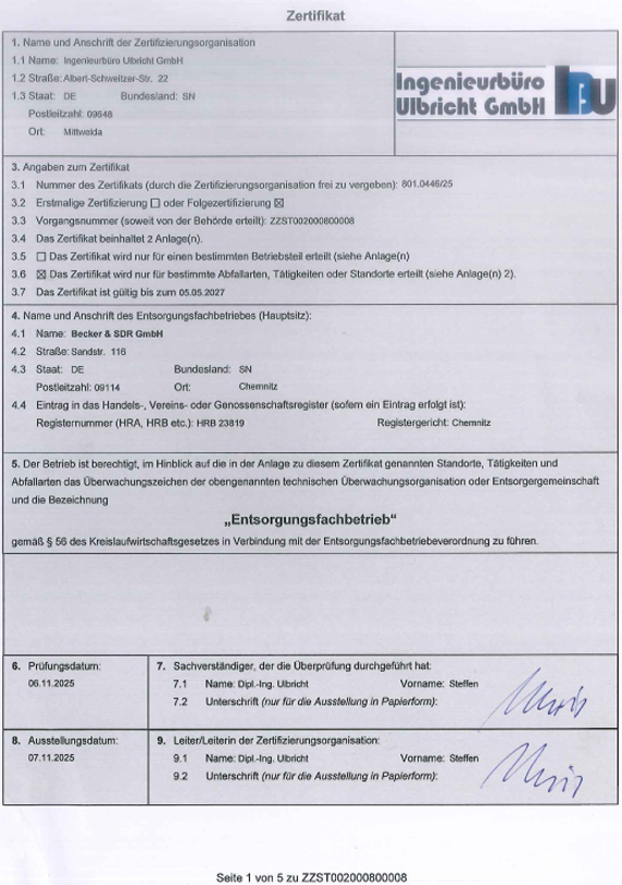 Becker & SDR Zertifikat: Entsorgungsfachbetrieb